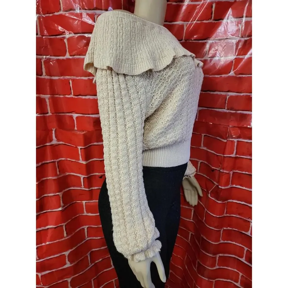 Cream Free People Meyer Lemon Balloon Sleeve Ruffle Pullover Sweater Size M #F - Picture 6 of 8